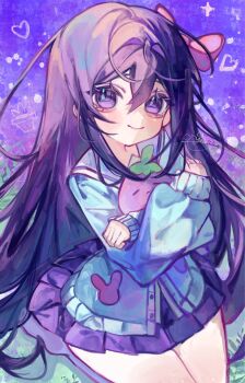 1girl alternate_costume aubrey_(headspace)_(omori) aubrey_(omori) blue_cardigan blush bow cardigan closed_mouth double-parted_bangs hair_between_eyes highres holding holding_stuffed_toy long_hair long_sleeves looking_at_viewer mr._plantegg_(omori) omori pink_bow pleated_skirt purple_eyes purple_hair purple_skirt purple_sky skirt sky smile solo stuffed_animal stuffed_eggplant stuffed_toy yena_s