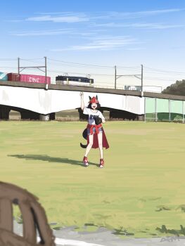 Rule 34 | 1girl, 4me 4ma, animal ears, arm up, ball, bandaid, bandaid on face, baseball, baseball glove, beanie, black hair, blue shorts, character name, closed eyes, clothes around waist, commentary request, day, ears through headwear, facing viewer, hashtag-only commentary, hat, highres, holding, holding ball, horse ears, horse girl, horse tail, outdoors, red shoes, shadow, shirt, shoes, short hair, shorts, signature, sneakers, solo, standing, tail, textless version, train, umamusume, white shirt, winning ticket (casual) (umamusume), winning ticket (umamusume)