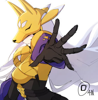 Rule 34 | ain artisto, armor, black bodysuit, bodysuit, covered eyes, digimon, digimon (creature), digimon card game, digimon frontier, digimon tamers, fox mask, gold armor, gold mask, highres, mask, purple lips, purple sleeves, sakuyamon, yellow armor, yellow mask, yin yang, yin yang print