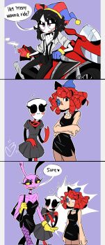 1boy 3girls :3 assertive_female bag black_bow black_dress black_eyes black_hair black_necktie black_pants black_suit blue_bow blue_gloves blush bow chervenkaa cigarette closed_mouth collarbone colored_skin commentary cosplay crossdressing crossed_arms dress english_commentary english_text formal_clothes gangle_(the_amazing_digital_circus) gloves grey_dress hat heart highres holding holding_cigarette jax_(the_amazing_digital_circus) jester_cap jewelry knee_up leaning_against_motorcycle long_eyelashes looking_at_another looking_to_the_side loose_necktie mask medium_hair motor_vehicle motorcycle multiple_girls necklace necktie open_mouth pants pearl_necklace pomni_(the_amazing_digital_circus) pomni_(the_amazing_digital_circus)_(cosplay) purple_background purple_skin pushing_away ragatha_(the_amazing_digital_circus) red_gloves red_hair red_ribbon ribbon shirt short_sleeves shoulder_bag sleeveless sleeveless_dress smoking speech_bubble strapless strapless_dress suit surprised teeth the_amazing_digital_circus two-tone_bow walking white_shirt