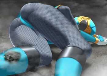 1girl ass bodysuit defeat female_focus from_behind helmet hurricane_blue hyuryona lying nono_nanami on_ground on_side solo_focus unconscious