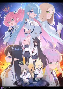 6+girls absurdres ayumu_(blue_archive) black_hair black_pantyhose black_thighhighs blonde_hair blue_archive blue_eyes blue_hair blue_halo blue_necktie blue_sailor_collar blue_skirt blush boots brown_boots brown_hair closed_mouth crossed_arms dress forehead forehead_jewel fox_platoon_(blue_archive) general_student_council_president_(blue_archive) giga-tera glasses green_eyes green_halo grin hair_between_eyes hair_over_one_eye half_updo halo highres jacket kaya_(blue_archive) knee_pads kurumi_(blue_archive) long_hair looking_at_viewer momoka_(blue_archive) multicolored_hair multiple_girls neckerchief necktie niko_(blue_archive) open_mouth otogi_(blue_archive) own_hands_clasped own_hands_together pantyhose pink_hair pink_halo pleated_skirt red_neckerchief rin_(blue_archive) sailor_collar shaded_face shirt shoes short_hair short_twintails sidelocks skirt smile sneakers squatting thighhighs twintails two-tone_hair white_dress white_jacket white_shirt white_shoes yukino_(blue_archive) zettai_ryouiki