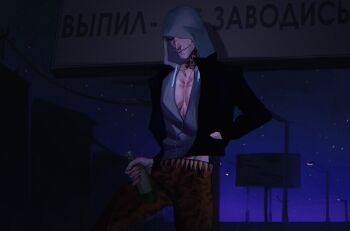 1boy abs absurdres black_jacket blue_sky bottle clear_sky commentary cowboy_shot dark dead_by_daylight dim_lighting frank_morrison grey_hoodie grin hand_in_pocket hashtag-only_commentary highres holding holding_bottle hood hood_up hoodie indoors jacket lamppost male_focus midriff_peek night outdoors partially_open_hoodie partially_shaded_face pectorals scar scar_on_face scar_on_mouth scar_on_nose serpentahl sign sky smile solo symbol-only_commentary