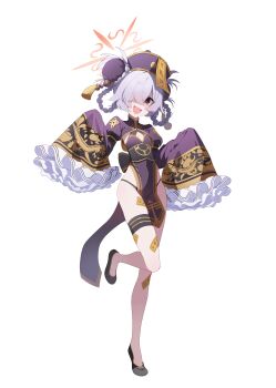 1girl absurdres alternate_costume alternate_hairstyle bare_hips black_panties black_shoes blue_archive braid braided_hair_rings breasts bun_cover cleavage_cutout clothing_cutout cosplay double_bun flat_chest frilled_sleeves frills full_body hair_between_eyes hair_bun hair_over_one_eye hair_rings halloween halo hands_up highres jiangshi jiangshi_costume kanoe_(blue_archive) leg_up loli long_sleeves looking_at_viewer ofuda ofuda_on_head one_eye_covered open_mouth orange_eyes orange_halo panties pelvic_curtain shaded_face sharp_teeth shoes simple_background small_breasts solo standing standing_on_one_leg td_(tandeom97) teeth thigh_strap thighs transparent_background underwear upper_teeth_only wide_sleeves