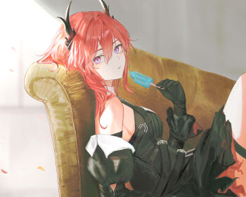 Rule 34 | 1girl, absurdres, arknights, arknights: endfield, black dress, black gloves, breasts, commentary, couch, demon girl, demon horns, dress, food, gloves, highres, holding, holding food, holding popsicle, horns, jenmin12, laevatain (arknights), large breasts, looking at viewer, medium hair, on couch, popsicle, purple eyes, red hair, solo, surtr (arknights)