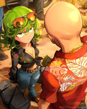 1girl 2others absurdres assault_rifle bag bald banknote black_shirt breaking_bad chain collared_shirt commentary delinquent denim english_commentary eyewear_on_head gold_chain green_eyes green_hair gucci gun height_difference highres holding holding_bag jeans khyle. looking_at_another money multiple_others one-punch_man pants rifle saitama_(one-punch_man) scene_reference shirt standing sunglasses tatsumaki torn_clothes torn_jeans torn_pants weapon