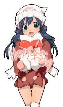 00s 1girl alternate_costume bad_id bad_pixiv_id beanie blue_eyes blue_hair coat dawn_(pokemon) dawn_(pokemon_platinum) female_focus gloves happy_valentine hat heart highres matching_hair/eyes nakamura_sandayo nintendo no_panties pokemon pokemon_dppt pokemon_platinum simple_background solo thighhighs valentine white_background winter_clothes