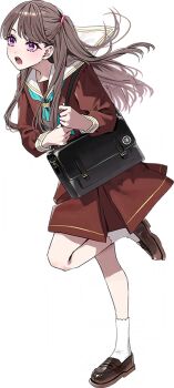 1girl aqua_neckerchief briefcase brown_dress brown_hair brown_shoes chigusa_minori dress fujishima_megumi full_body hasu_no_sora_school_uniform holding_strap leg_up link!_like!_love_live! loafers long_hair long_sleeves love_live! medium_dress neckerchief non-web_source official_art open_mouth pleated_dress purple_eyes running sailor_collar sailor_dress school_briefcase school_uniform shoes simple_background socks solo transparent_background two_side_up virtual_youtuber white_sailor_collar white_socks winter_uniform