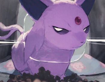 arc_draws espeon food forehead_jewel forked_tail full_body gen_2_pokemon looking_at_viewer nintendo no_humans photo-referenced pokemon pokemon_(creature) tail