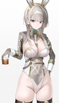 1girl absurdres animal_ears arm_behind_back black_survival breasts cleavage closed_mouth collared_shrug commentary cup drinking_glass eternal_return:_black_survival fake_animal_ears gold_trim grey_eyes grey_hair grey_shrug groin hair_intakes haze_(black_survival) highleg highleg_leotard highres holding holding_cup korean_commentary large_breasts leotard long_hair looking_at_viewer necktie official_alternate_costume playboy_bunny rabbit_ears red_pupils seueo shrug_(clothing) sidelocks simple_background sleeve_cuffs solo standing thighhighs thighs very_long_hair white_background white_leotard white_necktie