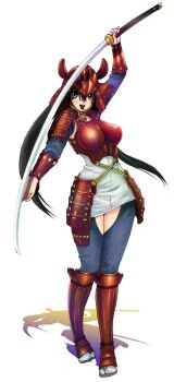 1girl absurdres arm_up armor black_hair breasts brown_eyes clothing_cutout collarbone commentary_request detached_sleeves dress full_body grey_pants helmet highres holding holding_sword holding_weapon japanese_armor kabuto_(helmet) kote large_breasts looking_at_viewer low_twintails matsuena_shun official_art open_mouth pants sandals shijou_saikyou_no_deshi_ken'ichi shin_guards short_dress simple_background sleeveless sleeveless_dress smile standing sword thighs twintails upper_body weapon white_background white_dress