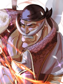 1boy bandana black_bandana clenched_teeth collared_coat edward_newgate epaulettes facial_hair hashtag-only_commentary hat highres incoming_attack long_mustache looking_at_viewer male_focus mustache one_piece pepasenpai_toto solo teeth yellow_eyes