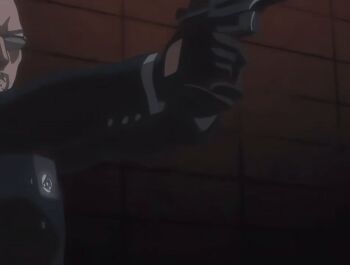 00s 1boy 2007 2girls american animated animated_gif anime_screenshot ass attack bald bible_black bible_black_new_testament blonde_hair breasts completely_nude crowley&#039;s_guards curvy facial_hair formal_clothes gloves goatee gun large_breasts lipstick makeup multiple_girls nude shin_bible_black short_hair suit sunglasses tagme weapon yellow_eyes yuge_toru