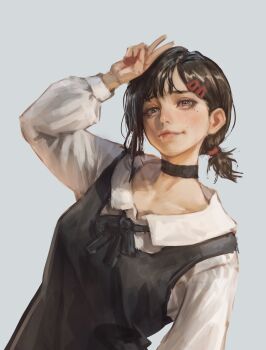 1girl absurdres black_choker black_dress black_hair brown_eyes chainsaw_man choker dress grey_background hair_ornament hairclip hand_up higashiyama_kobeni highres idaero_ace looking_at_viewer mole mole_under_eye mole_under_mouth multiple_moles pinafore_dress ponytail shirt short_ponytail simple_background single_sidelock sleeveless sleeveless_dress solo v white_shirt