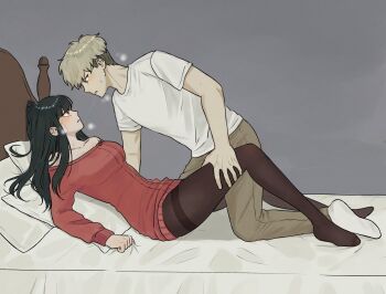 1boy 1girl bare_shoulders bed_sheet black_hair black_pantyhose blonde_hair blush breasts couple dress full_body grey_background grey_pants hand_on_another&#039;s_thigh heavy_breathing hetero highres kneeling long_hair looking_at_another medium_breasts no_shoes off-shoulder_dress off_shoulder on_bed pants pantyhose parted_lips pillow reclining red_dress saeng-yang saliva saliva_trail shirt short_hair socks spy_x_family sweat sweater sweater_dress t-shirt twilight_(spy_x_family) white_shirt white_socks yor_briar