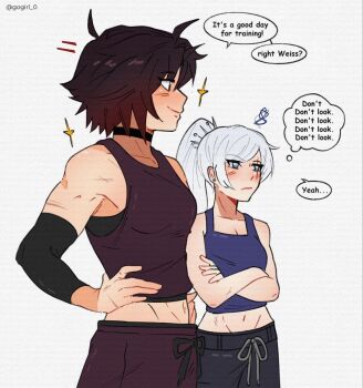 2girls black_choker black_hair blue_eyes blush choker commentary crossed_arms elbow_sleeve english_commentary english_text gogirl_0 gradient_hair gym_shorts highres long_hair midriff multicolored_hair multiple_girls ponytail red_hair ruby_rose rwby scar scar_across_eye scar_on_face short_hair shorts smile tank_top weiss_schnee white_hair