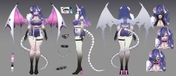 1girl artist_request avaritia_hawthorne belt black_belt black_mask blood blood_on_face blood_splatter blue_eyes blue_tongue breasts broken_horn cleavage collar color_guide colored_extremities colored_inner_hair colored_tongue fishnets hair_over_one_eye hands_on_own_cheeks hands_on_own_face highres horns mask mouth_mask multicolored_hair multicolored_wings multiple_views pink_hair pink_wings reference_sheet short_shorts shorts spiked_collar spikes tail thigh_belt thigh_strap torn_wings variance_project virtual_youtuber white_horns white_wings wings