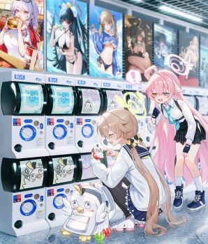 ! 2girls absurdres asuna_(blue_archive) backpack bag bent_over black_bow black_pantyhose black_skirt blonde_hair blue_archive blue_eyes blue_footwear blue_gloves blue_necktie blue_sailor_collar blue_skirt blush bow bowtie cardigan ceiling_light chest_harness closed_eyes collared_shirt commentary_request doodle_sensei_(blue_archive) ellen_joe fingerless_gloves frilled_skirt frills from_side gacha_(game_mechanic) gashapon gloves hair_bow halo harness haruna_(blue_archive) haruna_(track)_(blue_archive) heterochromia hifumi_(blue_archive) highres holding hoshino_(blue_archive) indoors jane_doe_(zenless_zone_zero) karin_(blue_archive) karin_(bunny)_(blue_archive) long_hair long_sleeves low_twintails moe_(blue_archive) moe_(swimsuit)_(blue_archive) multiple_girls necktie open_mouth pantyhose peroro_(blue_archive) pink_hair pink_halo plaid_clothes plaid_skirt pleated_skirt popoka0930 poster_(object) sailor_collar sensei_(blue_archive) shirt shoes skirt sneakers socks speech_bubble squatting standing tsurugi_(blue_archive) tsurugi_(swimsuit)_(blue_archive) twintails two-tone_bow very_long_hair white_cardigan white_footwear white_shirt white_shoes white_socks wide_shot yellow_bow yellow_bowtie yellow_eyes yellow_halo zenless_zone_zero