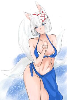 animal_ears azur_lane blue_eyes breasts commentary_request covered_erect_nipples fox_ears fox_girl fox_tail highres kaga_(azur_lane) kaga_(everlasting_killing_stone)_(azur_lane) large_breasts looking_at_viewer swimsuit tail user_npjj2533 white_hair