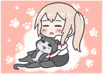 1girl aged_down animal animal_print between_legs black_pantyhose blonde_hair blush capelet cat cat_print closed_eyes graf_zeppelin_(kancolle) hat unworn_hat unworn_headwear highres holding holding_animal kantai_collection long_hair long_sleeves megahiyo no_shoes open_mouth pantyhose simple_background skirt solo twintails unsinkable_sam