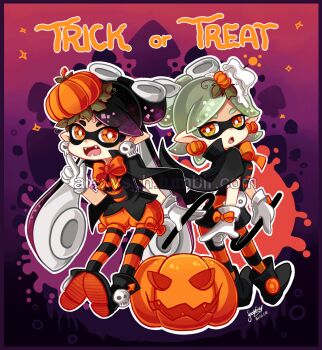 +_+ 2girls animated animated_gif black_hair bow-shaped_hair callie_(splatoon) candle_hair_ornament cane commentary cousins dress earrings english_commentary fangs food food-themed_earrings food_on_head food_themed_earrings gloves gradient_background halloween_costume highres holding holding_cane inkling jewelry long_hair looking_at_viewer multiple_girls nintendo object_on_head open_mouth orange_eyes orange_ribbon pointy_ears pumpkin pumpkin_earrings ribbon sandragh short_hair skull_earrings smile splatoon_(series) splatoon_1 squid suction_cups sushi tentacle_hair trick_or_treat