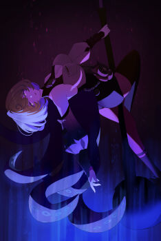 1girl absurdres asymmetrical_shorts bare_shoulders black_shoes black_thighhighs blonde_hair blue_background breasts button_gap cleavage closed_mouth commentary cowlick detached_sleeves english_commentary footwear_ribbon from_side garter_straps hair_between_eyes hammer high-waist_shorts highres holding holding_hammer holding_weapon large_breasts looking_at_viewer mole mole_under_mouth oro_(lsg0624) purple_background purple_eyes shirt shoes short_hair shorts single_garter_strap single_sock single_thighhigh smile socks solo tentacle_girl tentacle_tail tentacles thighhighs two-tone_background weapon white_shirt yidhari_murphy zenless_zone_zero