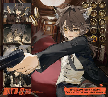 Rule 34 | 1boy, absurdres, animal ears, black necktie, black suit, brown eyes, brown hair, cowboy shot, english text, formal clothes, grey eyes, gun, handgun, heterochromia, highres, hotel, indoors, looking at viewer, male focus, necktie, open mouth, original, seeshin see, shirt, short hair, smile, solo, speech bubble, suit, weapon, weapon request, white shirt, wolf boy, wolf ears