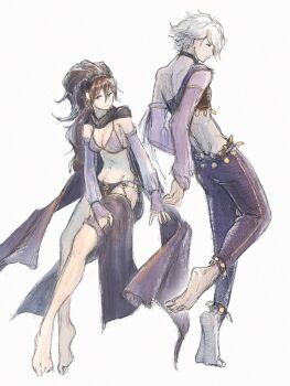 1boy 1girl barefoot big_hair breasts brown_hair commentary commentary_request english_commentary high_ponytail highres medium_breasts mixed-language_commentary navel octopath_traveler octopath_traveler_i pants ponytail primrose_azelhart purple_pants purple_scarf qqqqqli scarf short_hair simple_background therion_(octopath_traveler) white_background white_hair