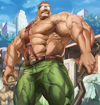 3boys alley biceps broad_shoulders brown_eyes brown_hair building city facial_hair final_fight glasses grabbing_another's_head green_pants holding holding_lead_pipe itadori_shuu lead_pipe looking_up male_focus mike_haggar multiple_boys muscular muscular_arms muscular_male mustache pants pectorals short_hair suspenders thick_neck topless_male