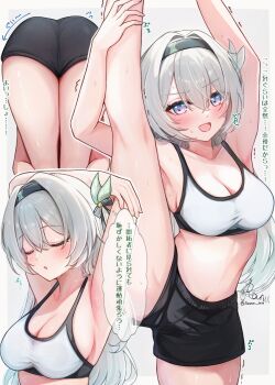 1girl alternate_costume aqua_hair black_hairband black_shorts blue_eyes blush border breasts cleavage closed_eyes commentary_request firefly_(honkai:_star_rail) gradient_hair grey_hair hairband highres honkai:_star_rail honkai_(series) large_breasts leg_up long_hair md5_mismatch multicolored_eyes multicolored_hair multiple_views navel open_mouth pink_eyes ranran_3939 resolution_mismatch shorts source_smaller sports_bra two-tone_eyes white_border white_sports_bra