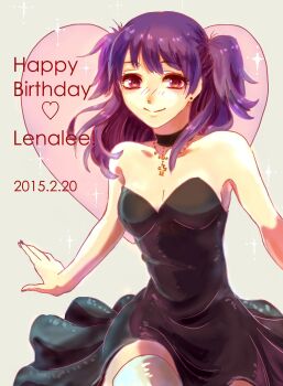 1girl armpits bare_arms bare_shoulders bead_necklace beads birthday black_choker black_dress blush breasts character_name choker cleavage collarbone commentary_request cross cross_necklace d.gray-man dress earrings english_text gold_necklace green_background hair_between_eyes hair_over_shoulder happy_birthday heart highres jewelry lenalee_lee looking_at_viewer medium_hair necklace outstretched_arms parted_bangs pink_eyes purple_hair sidelocks sleeveless sleeveless_dress small_breasts smile solo sparkle strapless strapless_dress stud_earrings tetora_(lapulapu26) thighhighs thighs two_side_up upper_body white_thighhighs zettai_ryouiki