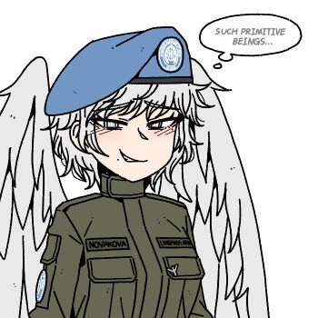 1girl angel angel_wings beret blue_hat blush commentary english_commentary english_text feathered_wings green_jacket hat jacket karepack looking_at_viewer military_uniform runes simple_background smirk solo speech_bubble teeth thought_bubble united_nations white_background white_eyes white_hair white_wings wings