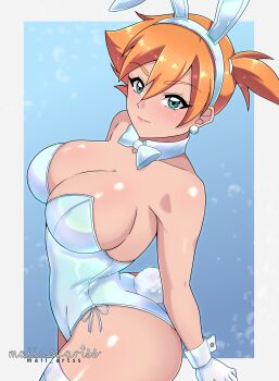1girl alternate_costume animal_ears artist_name ass bare_shoulders blue_background blue_leotard blush border bow bowtie breasts cleavage closed_mouth collarbone cowboy_shot detached_collar earrings fake_animal_ears fake_tail gloves green_eyes hair_between_eyes hairband highleg highleg_leotard jewelry large_breasts leotard looking_at_viewer maiiartss misty_(pokemon) nintendo orange_hair patreon_username playboy_bunny pokemon pokemon_(anime) pokemon_(classic_anime) pokemon_rgby rabbit_ears rabbit_tail shiny_skin short_hair side_ponytail smile solo strapless strapless_leotard tail thighhighs thighs traditional_bowtie white_border white_bow white_bowtie white_gloves white_leotard white_thighhighs wrist_cuffs