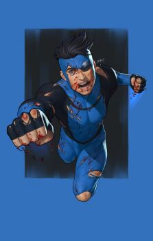 Rule 34 | 1boy, absurdres, angry, black hair, blood, blood on clothes, blood on face, blood on hands, blue background, blue bodysuit, bodysuit, clenched hands, commentary, covered abs, dalejomej, english commentary, facing viewer, highres, invincible (character), invincible (series), looking ahead, mark grayson, multicolored bodysuit, one eye covered, open mouth, raised fist, realistic, realistic teeth, short hair, shouting, signature, simple background, solo, solo focus, spandex, superhero costume, teeth, torn bodysuit, torn clothes, two-tone bodysuit