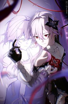 1girl breasts buttons closed_eyes dress earrings evernight_(honkai:_star_rail) fingernails flower gloves hair_ornament hairclip hashtag-only_commentary highres honkai:_star_rail honkai_(series) jewelry layered_dress long_hair march_7th_(honkai:_star_rail) medium_breasts nei00nei nude parallel_hairclips pink_hair red_eyes red_ribbon reflection ribbon ring single_bare_shoulder single_earring twitter_username very_long_hair