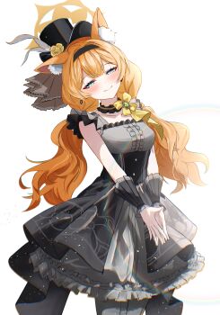 1girl absurdres animal_ear_fluff animal_ears black_dress black_hairband black_hat black_wrist_cuffs blue_archive blue_eyes blush cat_ears cat_girl choker closed_mouth commentary_request cowboy_shot double-parted_bangs dress earrings extra_ears eyelashes floral_print floral_print_dress flower frilled_choker frilled_dress frills grey_dress grey_pantyhose hair_between_eyes hair_intakes hairband halo hat hat_feather hat_flower highres idol idol_clothes jewelry lens_flare long_hair looking_at_viewer low_twintails mari_(blue_archive) mari_(idol)_(blue_archive) miyako_0 official_alternate_costume official_alternate_hairstyle orange_hair own_hands_together pantyhose print_dress rose simple_background sleeveless sleeveless_dress smile solo split_mouth steepled_fingers top_hat tsurime twintails two-tone_dress v_arms very_long_hair wavy_hair white_background wrist_cuffs yellow_flower yellow_halo yellow_rose