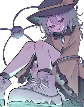 1girl black_hat blouse bow commentary_request eyeball green_hair hat hat_ribbon highres komeiji_koishi maruten_moko ribbon shirt shoes sneakers third_eye tongue tongue_out touhou yellow_bow yellow_shirt