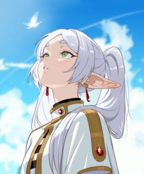 1girl blush bug butterfly capelet commentary day earrings elf english_commentary frieren glowing_butterfly green_eyes hair_over_shoulder hashtag-only_commentary highres insect jewelry long_hair looking_up meme parted_bangs parted_lips pointy_ears sky solo sousou_no_frieren teardrop_earrings twintails upper_body upward_angle_frieren_drawing_(meme) vizaz white_capelet white_hair