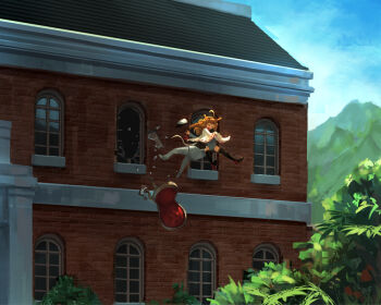 Rule 34 | 10s, 1boy, 1girl, :d, ^ ^, admiral (kancolle), ahoge, bacius, bad id, between legs, black footwear, black hair, boots, brick wall, broken glass, broken window, brown hair, building, burning love (phrase), chair, closed eyes, commentary, day, defenestration, detached sleeves, falling, glass, glomp, hairband, happy, hat, headgear, hetero, house, hug, kantai collection, kongou (kancolle), long hair, military, military uniform, mountain, nontraditional miko, open mouth, outdoors, palm tree, pants, reaching, ribbon-trimmed sleeves, ribbon trim, skirt, sky, slice of life, smile, thigh boots, thighhighs, tree, unworn hat, unworn headwear, white pants, wide shot, wide sleeves