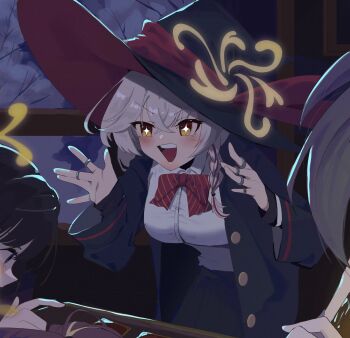 +_+ 4girls :d \||/ absurdres arms_up black_dress black_hair black_hat black_robe black_skirt blonde_hair blue_archive blush bow bowtie braid breasts brown_hair button_gap card close-up collared_shirt cowboy_shot dress dress_shirt eri_(blue_archive) from_side grey_hair hair_between_eyes hair_bun hair_intakes halo hat hat_ribbon highres jewelry kanoe_(blue_archive) kongaru_123 large_breasts layered_sleeves long_hair long_sleeves looking_at_another multicolored_hair multiple_girls multiple_rings open_clothes open_mouth orange_eyes out_of_frame picking_up pleated_skirt red_hat rena_(blue_archive) ribbon ring robe school_uniform shirt shirt_tucked_in side_halo skirt sleeves_past_wrists smile table tarot tarot_card teeth tsumugi_(blue_archive) two-tone_hair two-tone_hat undershirt upper_teeth_only variant_set very_long_hair white_dress white_hair white_shirt window witch witch_hat