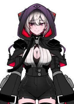 1girl belt black_belt bob_cut breasts capelet cleavage cleavage_cutout clothing_cutout collar command_&amp;_conquer command_&amp;_conquer:_red_alert command_&amp;_conquer:_red_alert_2 detached_sleeves double-parted_bangs earrings hood horned_hood horns jewelry large_breasts libra_(mental_omega) looking_at_viewer mental_omega_(mod) orange_crayon! psi-corps_symbol purple_eyes purple_hood resh_vav_yod_symbol shirt short_hair short_shorts shorts smile solo straight-on stud_earrings thighhighs thighs unfinished white_background white_hair white_shirt