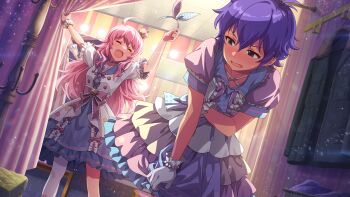 2girls blue_eyes blush closed_eyes commentary_request dress dress_tug embarrassed game_cg gloves hoshii_miki idolmaster idolmaster_million_live! idolmaster_million_live!_theater_days indoors julia_(idolmaster) layered_dress leaning_forward long_hair multiple_girls official_alternate_costume official_alternate_hair_color official_art open_mouth pink_hair purple_hair short_hair short_sleeves standing third-party_source white_gloves