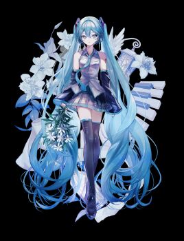 1girl absurdres aqua_eyes aqua_hair aqua_necktie aqua_trim arm_tattoo black_background black_skirt blush breasts collared_shirt commentary_request detached_sleeves flower full_body grey_shirt hair_between_eyes hair_ornament hatsune_miku highres holding holding_flower long_hair long_sleeves looking_at_viewer medium_breasts miniskirt necktie number_tattoo open_mouth pipi_(pipinavigation) pleated_skirt shirt simple_background skirt sleeveless sleeveless_shirt solo tattoo thighhighs twintails very_long_hair vocaloid white_flower wide_sleeves zettai_ryouiki