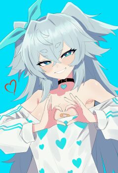 1girl absurdres armpits bandaid bandaids_on_nipples bare_shoulders blue_eyes blue_hair blue_ribbon choker chopingme commentary florence_(girls'_frontline_2) girls'_frontline girls'_frontline_2:_exilium heart heart-shaped_pupils heart_choker heart_hands heart_print highres off-shoulder_shirt off_shoulder pa-15_(girls'_frontline) pa-15_(marvelous_yam_pastry)_(girls'_frontline) pasties ribbon see-through_clothes see-through_shirt shirt symbol-shaped_pupils untranslatable_commentary