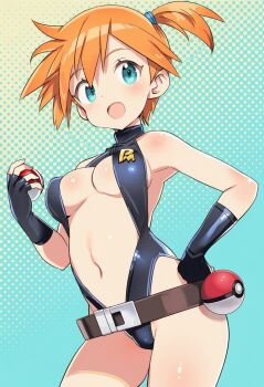 1girl :d aqua_eyes armpits bare_shoulders belt black_gloves black_one-piece_swimsuit blue_eyes blush breasts brown_belt casual_one-piece_swimsuit center_opening cowboy_shot fingerless_gloves gloves gradient_background gym_leader hand_on_own_hip highleg holding holding_poke_ball looking_at_viewer medium_breasts misty_(pokemon) navel nintendo one-piece_swimsuit open_mouth orange_hair poke_ball poke_ball_(basic) pokemon pokemon:_the_electric_tale_of_pikachu pokemon_rgby ponytail shiny_skin short_hair side_ponytail slingshot_swimsuit smile solo standing swimsuit viola_illust