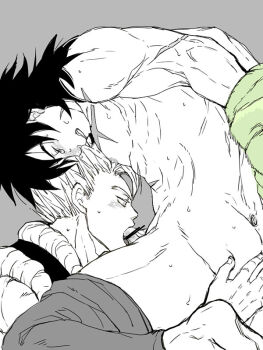 2boys abs ass back bare_pectorals black_hair black_vest blush broly_(dragon_ball_super) clenched_teeth closed_eyes clothes_pull cross_scar dragon_ball dragon_ball_super dragon_ball_super_broly facial_scar fellatio from_side fur_(clothing) gogeta green_fur grey_background greyscale hair_between_eyes hand_on_another&#039;s_ass irrumatio looking_at_another loose_hair_strand male_focus medium_hair metamoran_vest monochrome multiple_boys muscular muscular_male oral pants pants_pull partially_undressed pectorals penis_grab scar scar_on_cheek scar_on_chest scar_on_face scar_on_stomach short_hair sleeveless spiked_hair sweat tearing_up teeth topless_male vest yaoi