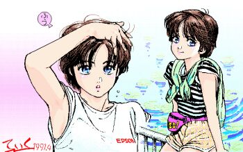 1990s_(style) 1girl adjusting_hair archived_source arm_support arm_up armpits arms_at_sides artist_name blue_eyes brown_hair character_request closed_mouth clothes_lift clothes_writing commentary_request copyright_request cowboy_shot dated dithering fanny_pack green_shirt light_blush looking_at_viewer multiple_views on_railing parted_lips pc-98_(style) pink_lips pixel_art railing retro_artstyle sanpaku shirt shirt_behind_neck shirt_lift short_hair short_shorts short_sleeves shorts signature sound_effects speech_bubble striped_clothes striped_shirt teiku_(take) upper_body white_shirt yellow_shorts