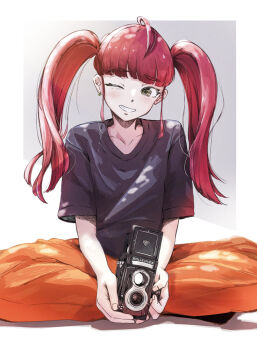 1girl black_shirt blunt_bangs camera collarbone grin holding holding_camera long_hair looking_at_viewer one_eye_closed orange_pants original pants red_hair rolleiflex shadow shimkarom shirt short_sleeves sitting smile solo t-shirt twintails