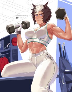 1girl abs animal_ears armpits bare_shoulders biceps blue_eyes breasts brown_hair closed_mouth clothes_hanger dumbbell exercising gloves hat highres holding holding_dumbbell horse_ears horse_girl locker looking_at_viewer mejiro_ryan_(umamusume) midriff multicolored_hair muscular muscular_female n10_arts no_tail pants red_shirt shirt short_hair solo sports_bra two-tone_hair umamusume weightlifting weights white_gloves white_hair white_pants white_sports_bra