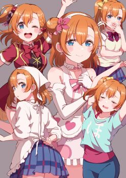 1girl absurdres apron birthday blue_eyes blush bowtie braid breasts closed_eyes commentary cream_(nipakupa) diagonal-striped_bow diagonal-striped_bowtie diagonal-striped_clothes earrings grey_background hair_bun highres jewelry kosaka_honoka love_live! love_live!_school_idol_project medium_breasts multiple_views one_eye_closed one_side_up orange_hair otonokizaka_school_uniform school_uniform short_sleeves side_braid single_side_bun solo striped_bow striped_bowtie striped_clothes